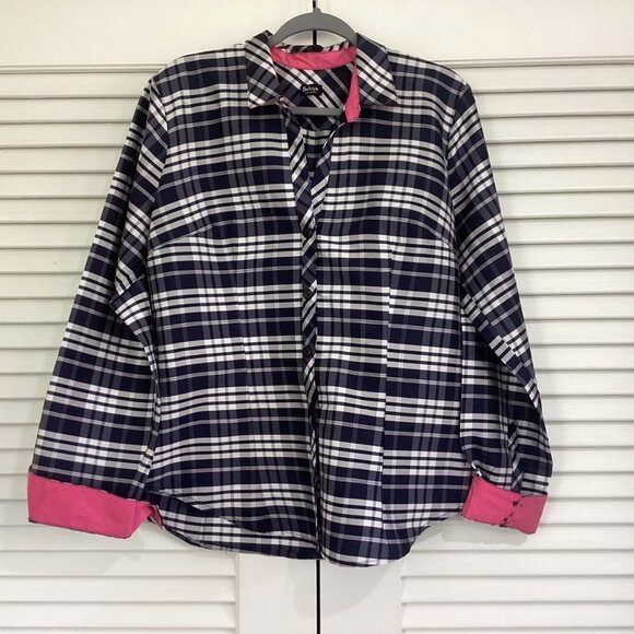 Beluva San Francisco Button Up Shirt Crinkle Blue Plaid Long Sleeves Size L - Picture 5 of 11